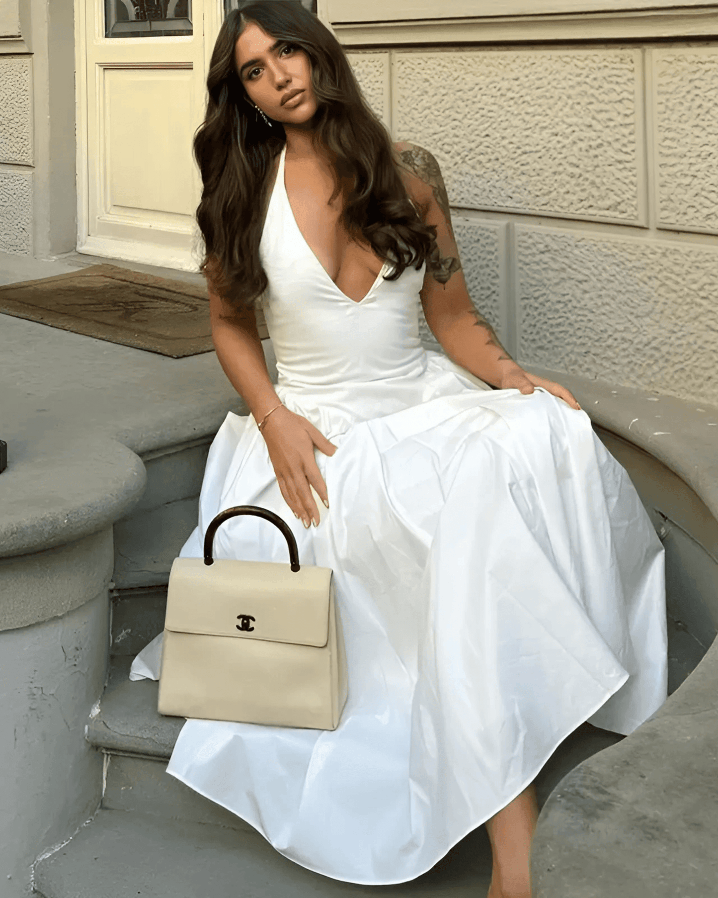 Talenza Backless Deep V Spliced Long Dress Summer Women's Sexy Party Dress Halter New Fashion Slim White Sleeveless Long Dress Grevano