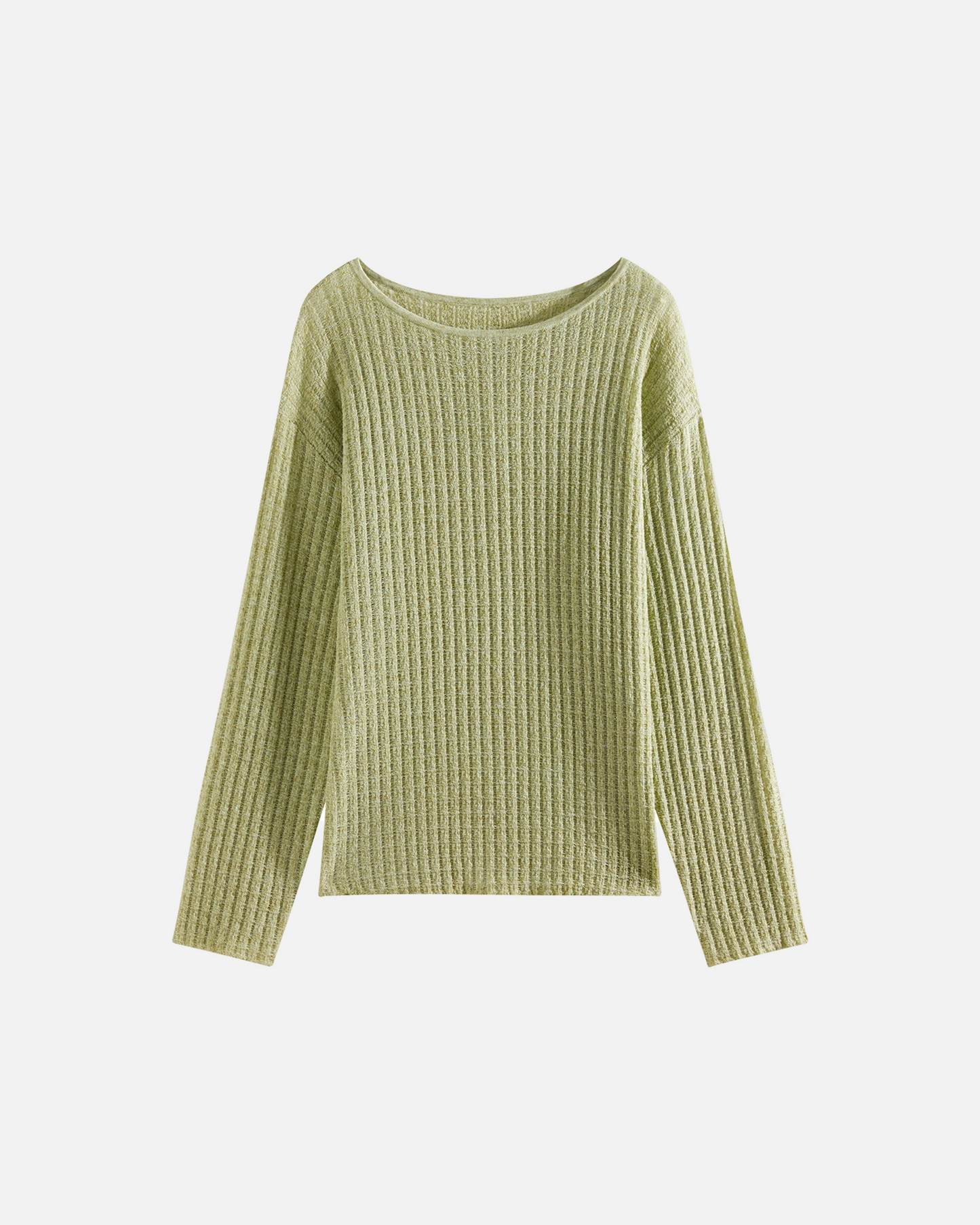 Top de lino natural en color verde claro con diseño de canalé y manga larga