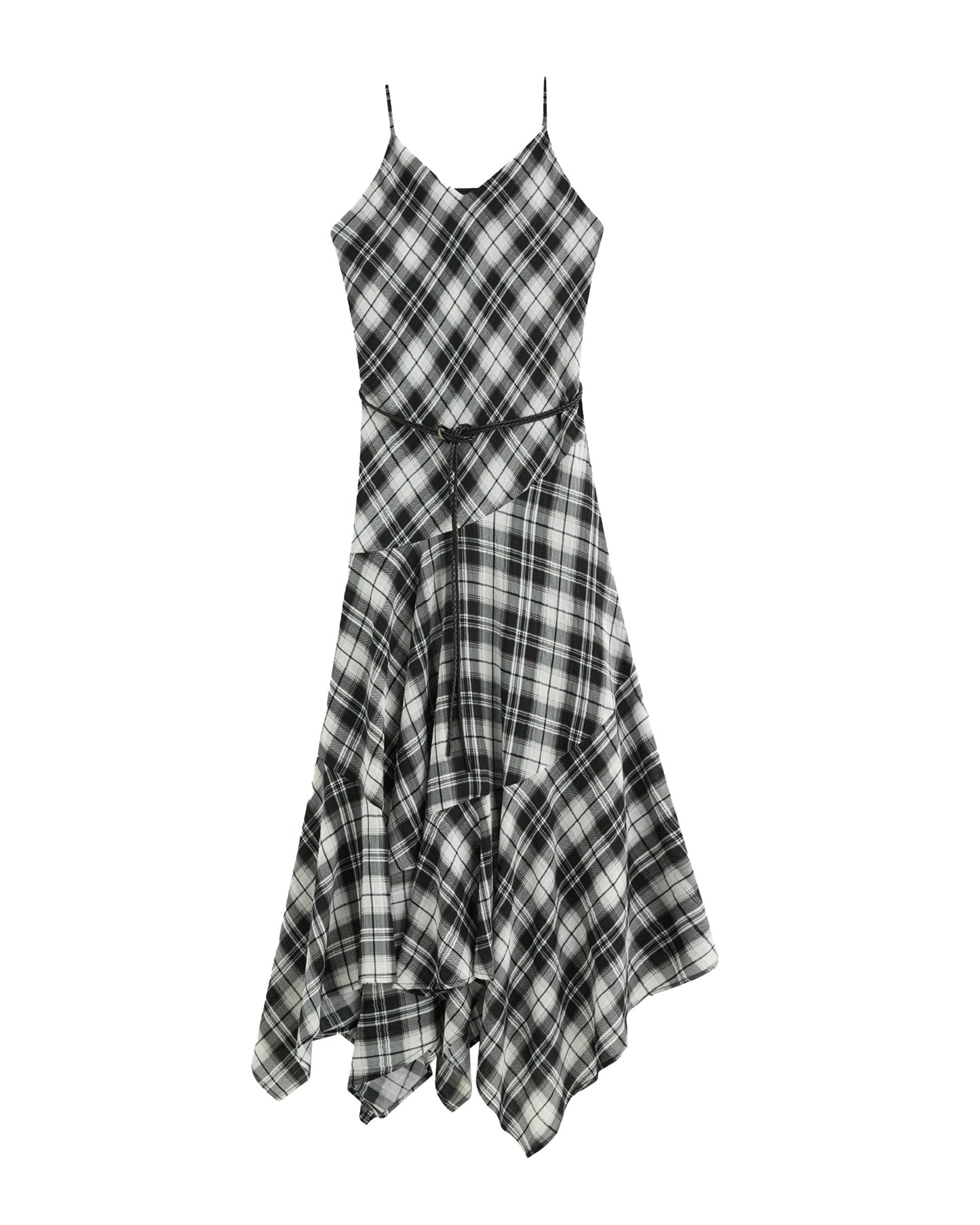 Vestido de verano casual a cuadros con tirantes y diseño asimétrico de Grevano