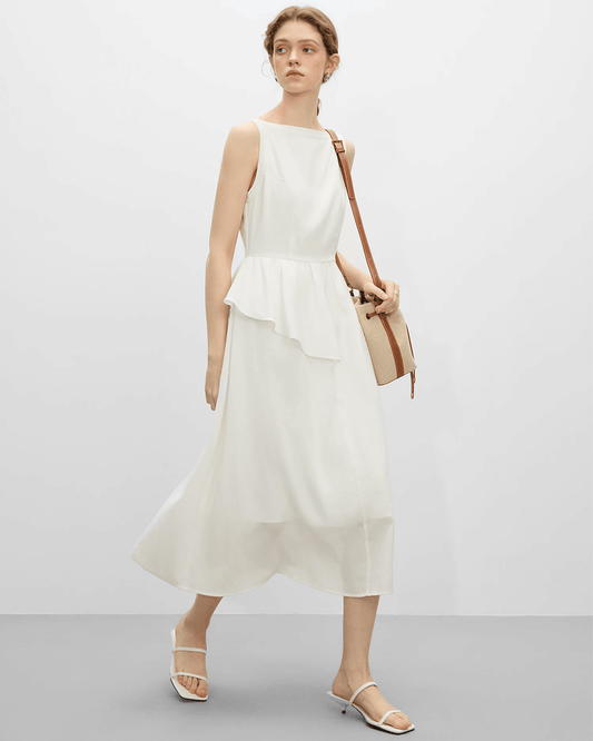 Vestido de Lino Blanco Asimétrico sin Mangas – Ropa de Oficina para Mujer | Grevano