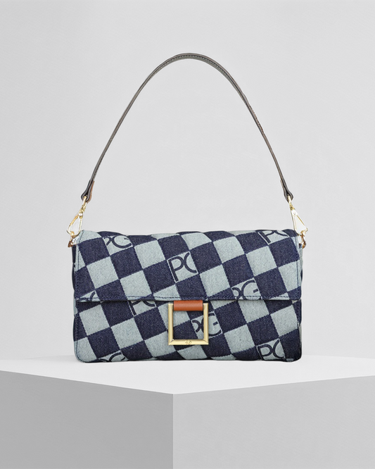 Bolso bandolera elegante de Grevano con diseño a cuadros en tonos azul y gris, ideal para ocasiones especiales