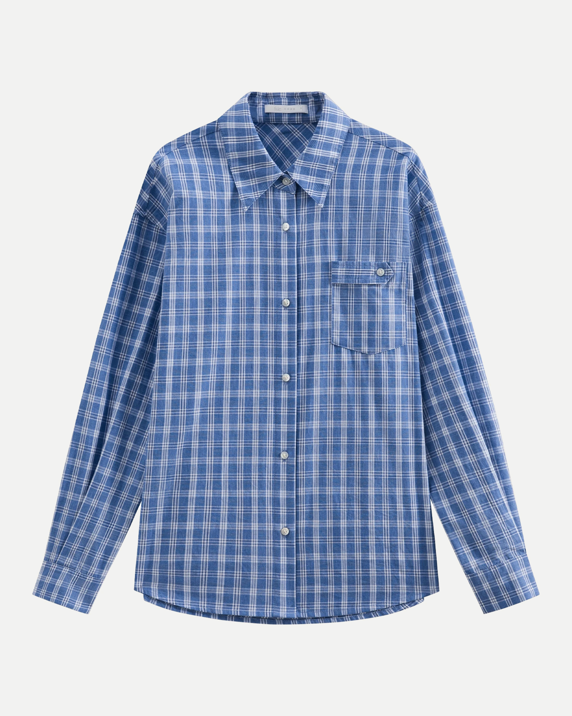 Camisa de algodón a cuadros azul con cuello clásico y bolsillo en el pecho