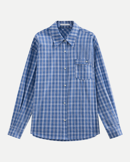 Camisa de algodón a cuadros azul con cuello clásico y bolsillo en el pecho