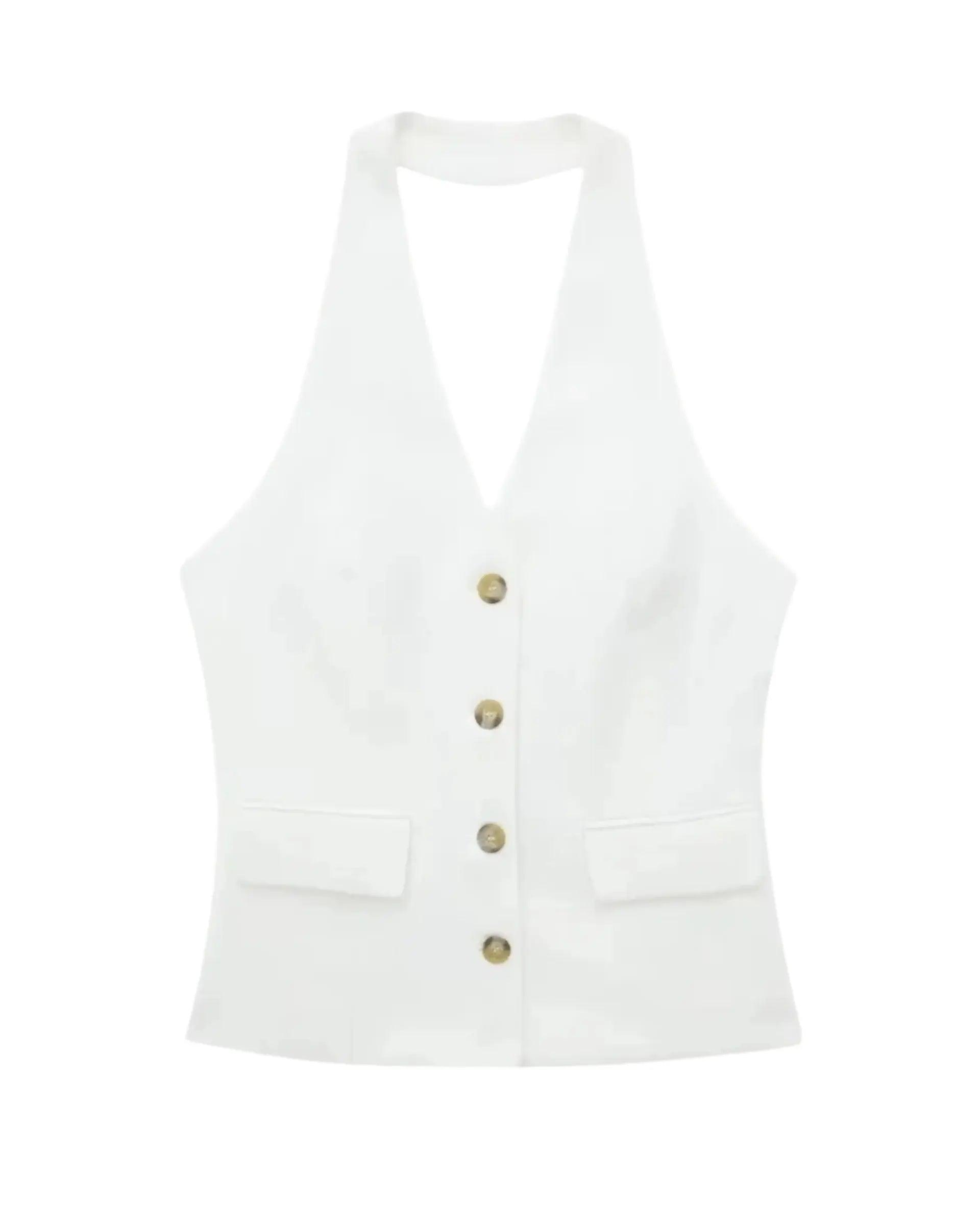 Chaleco blanco para mujer de Grevano, elegante y moderno, ideal como traje blanco mujer oficina.