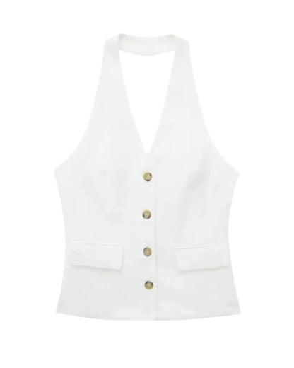 Chaleco blanco para mujer de Grevano, elegante y moderno, ideal como traje blanco mujer oficina.