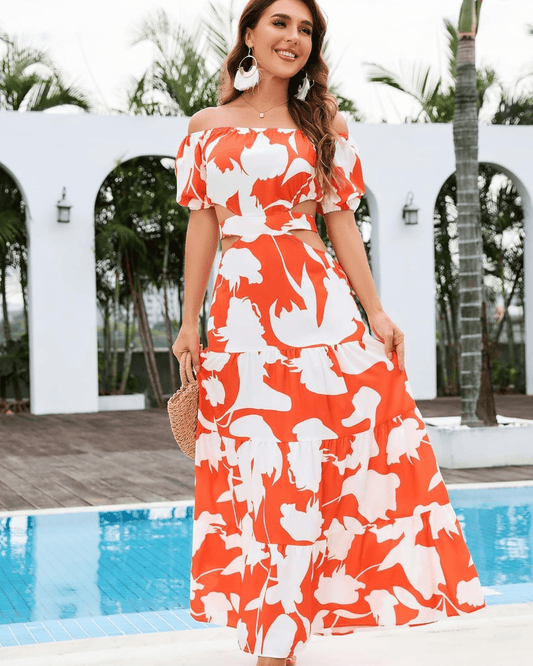 Vestido hombros libres elegante en color naranja con estampado floral para ocasiones especiales